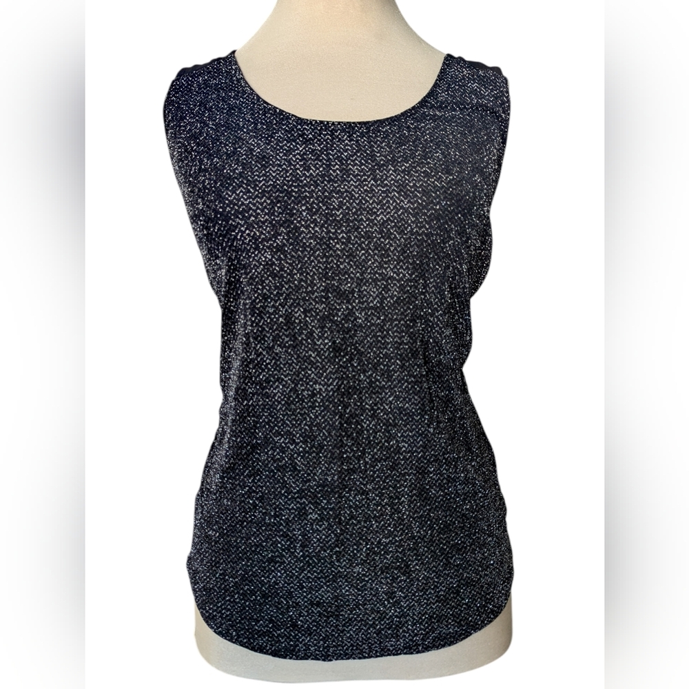 Black Tank Top With Woven Metallic Detail And Exposed Zipper